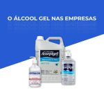 Imagem em azul e branco com os dizeres "Álcool gel nas empresas"