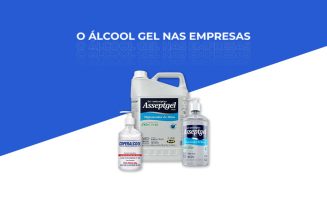 Imagem em azul e branco com os dizeres "Álcool gel nas empresas"