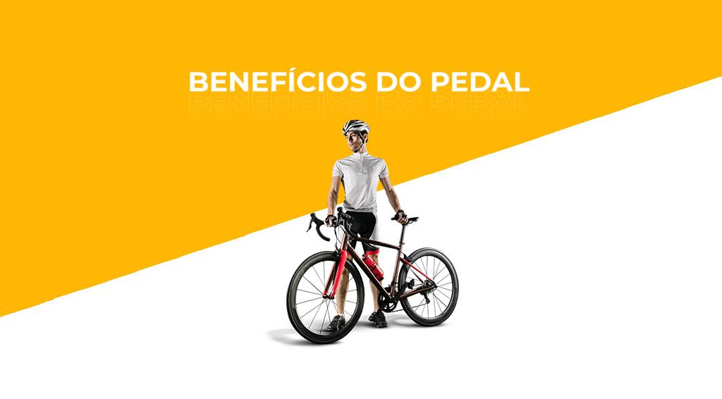 banner nas cores amarela e branca com o escrito "benefícios do pedal"