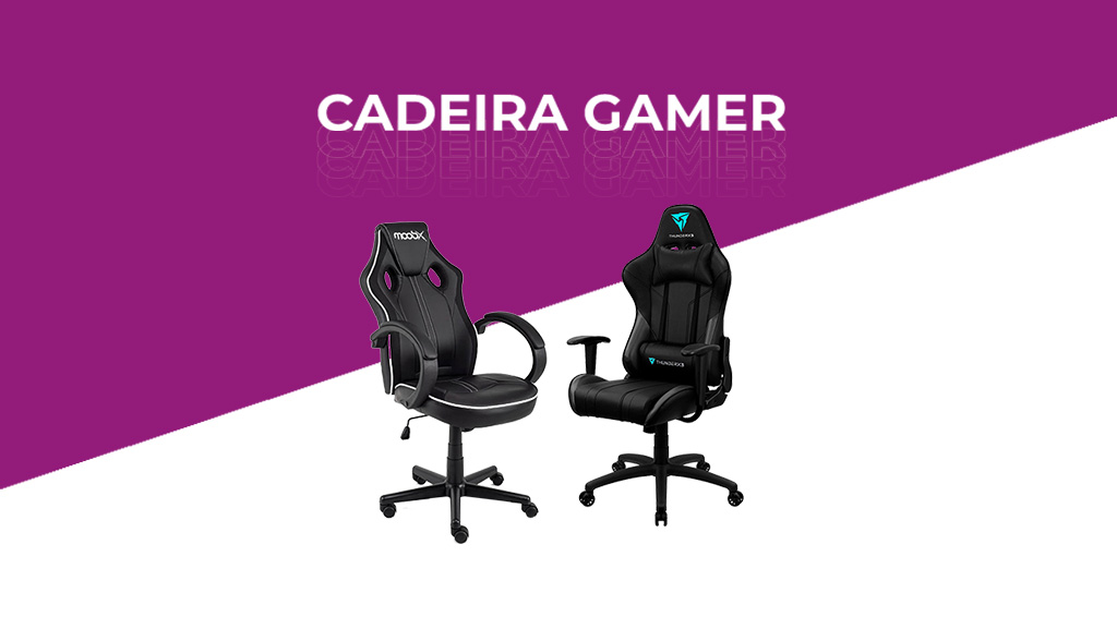 duas cadeiras gamer num banner com fundo roxo e branco com o escrito "cadeira gamer" em branco