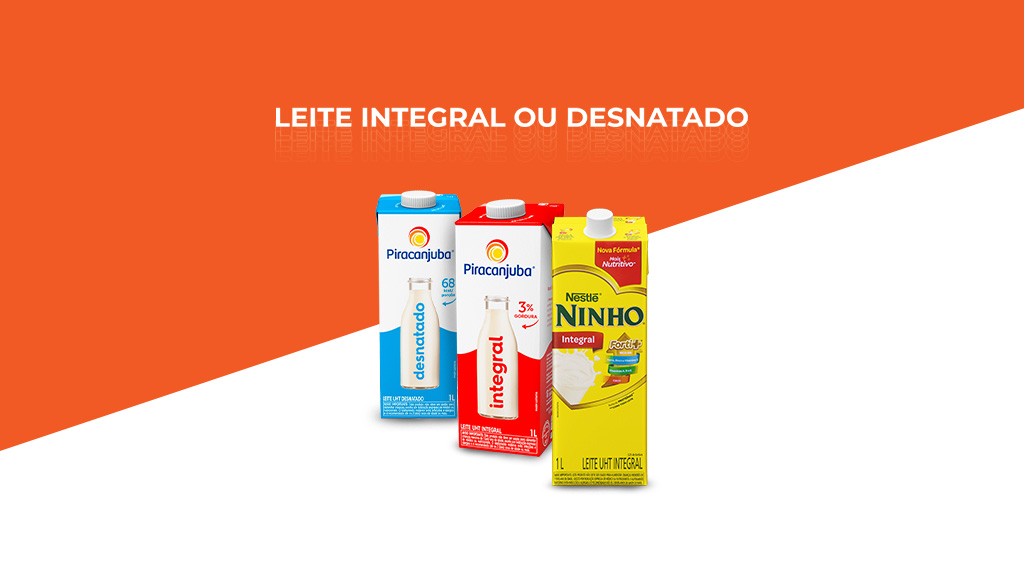 imagem em laranja e branco com o escrito "leite integral ou desnatado" com três tipos de leite ao centro