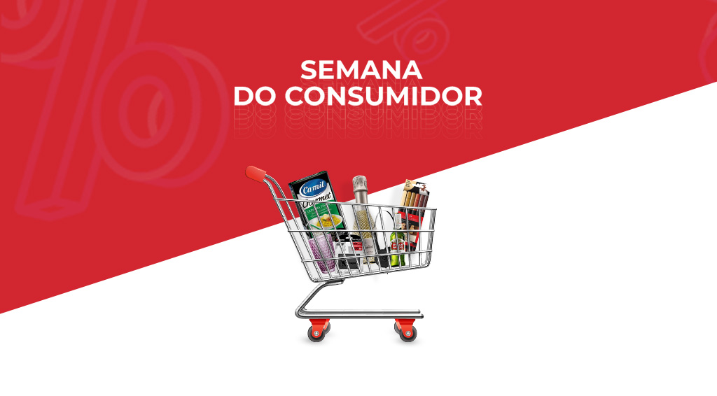 banner em vermelho e branco com o escrito "semana do consumidor" com um carrinho de compras com produtos