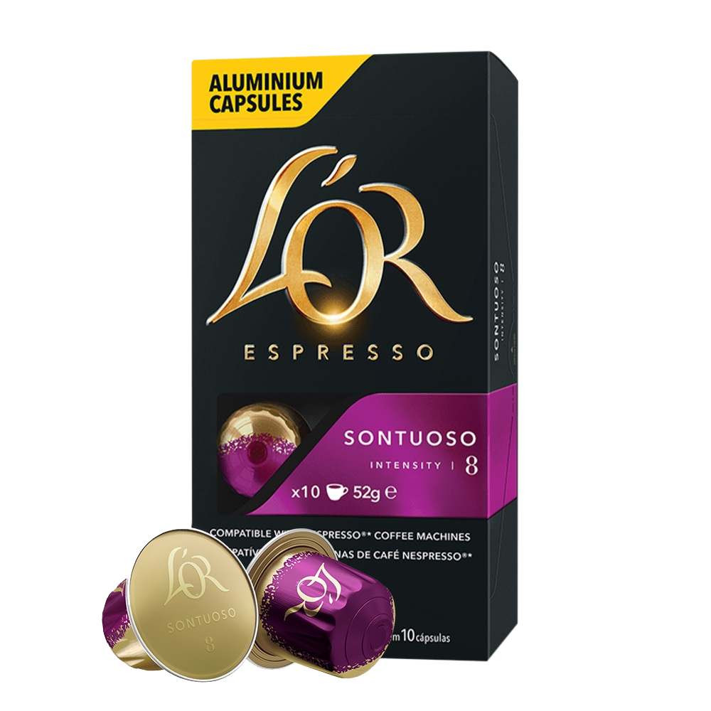 café Espresso Sontuoso L'or, embalagem preta com detalhes em roxo