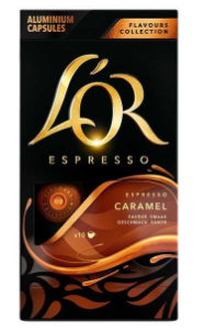 Cápsula de café torrado e moído sabor caramelo L'or, embalagem preta com detalhes na cor de caramelo dourado