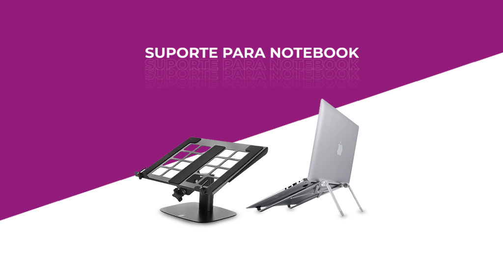 banner nas cores roxa e branca com dois suportes para notebook ao centro e os dizeres "suporte para notebook"