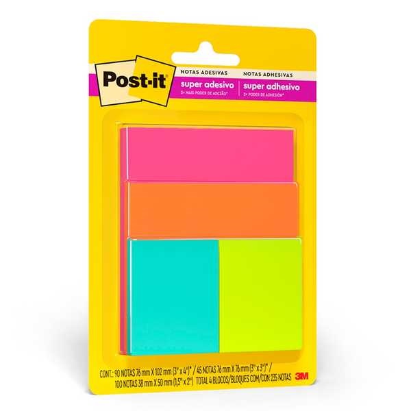 blocos de notas adesivas formato grande medio e pequeno nas cores em sequencia rosa laranja azul e verde