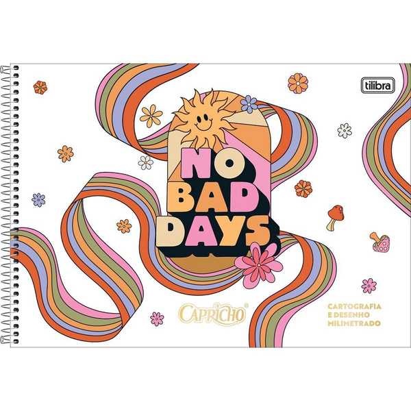 caderno horizontal com desenhos gráficos com os dizeres "no bad days" e arames na lateral esquerda  