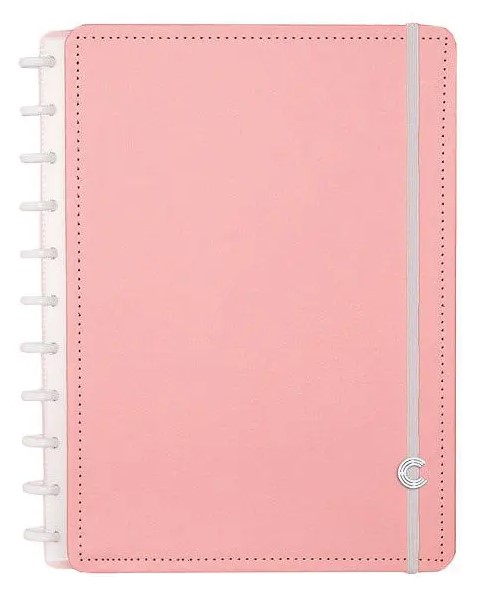 caderno na cor rosa com arames removíveis na lateral esquerda