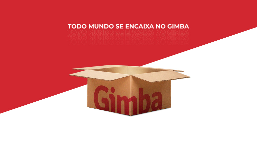 banner em vermelho e branco com uma caixa do Gimba e os dizeres "todo mundo se encaixa no Gimba"
