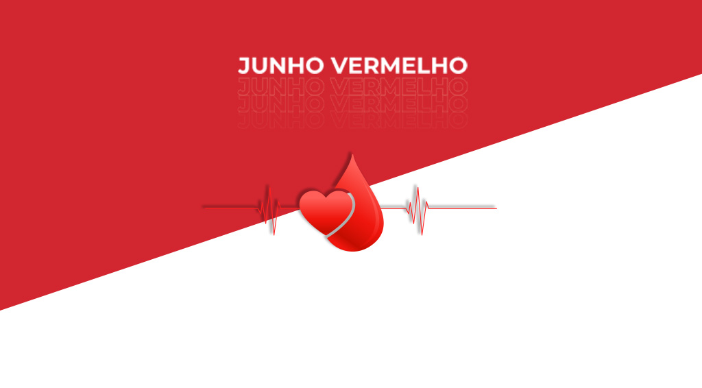 imagem em vermelho e branco com os dizeres "Junho Vermelho" e um ícone de coração em forma de gota de sangue