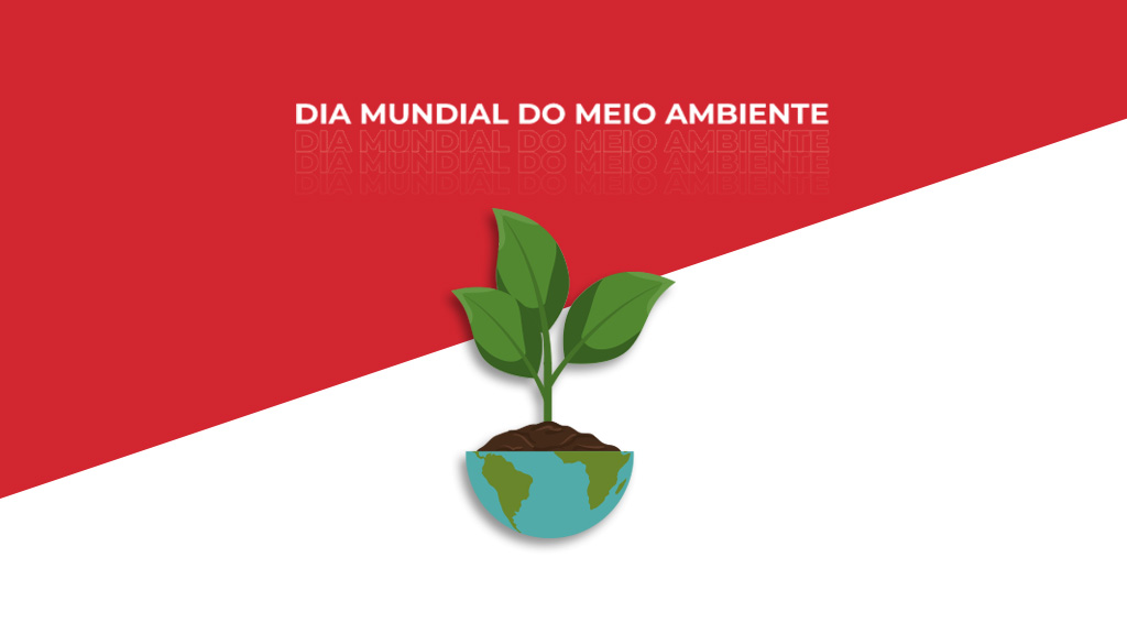 banner em vermelho e branco com um Ícone de proteção ao meio ambiente no centro da imagem