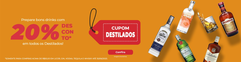 cupom de desconto 20% em destilados na cor amarelo escuro com detalhes em vermelho