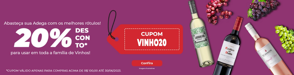 cupom de desconto 20% off em vinhos. Arte roxa com detalhes em vermelho