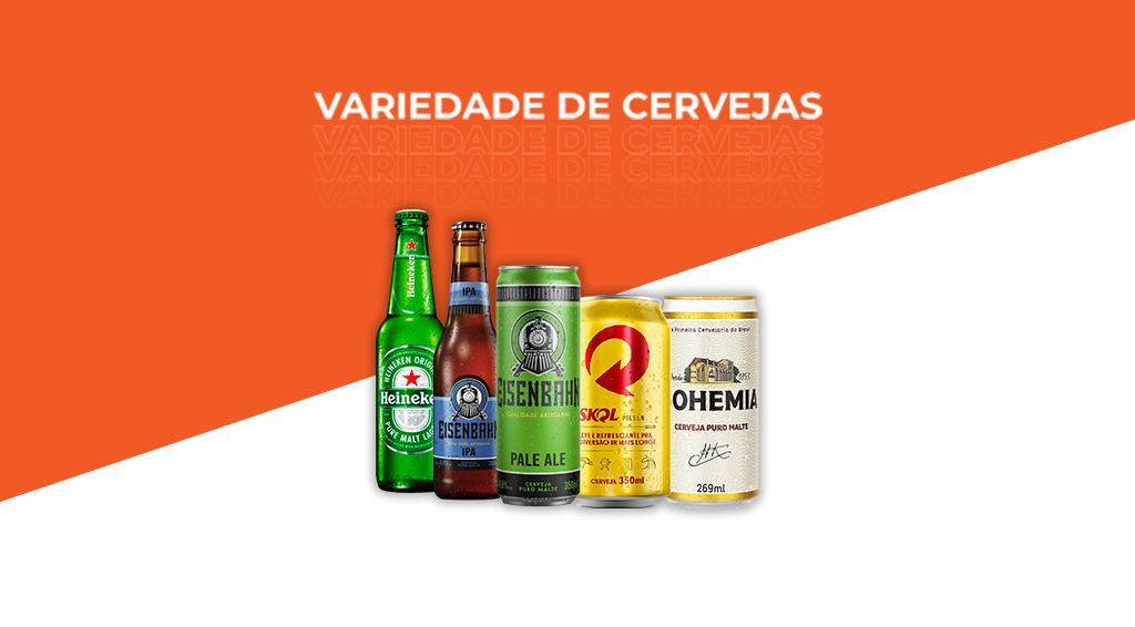 Imagem cm fundo laranja e branco, com foto de três cervejas em frente