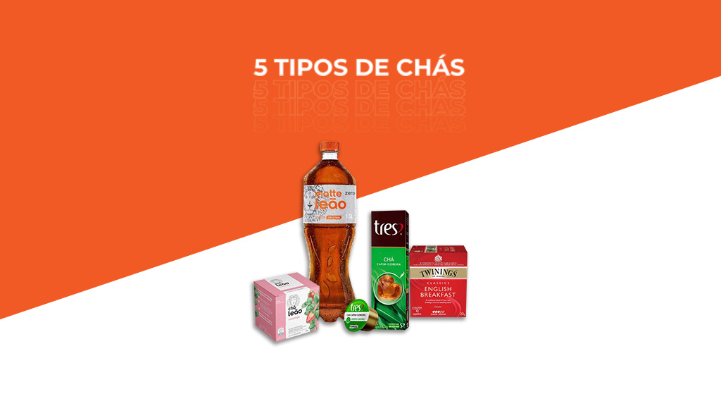 Imagem com fundo laranja e branco, na frente mostra três produtos de chá