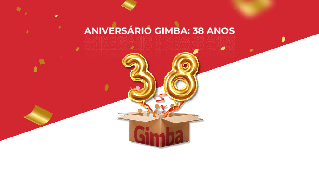 imagem em vermelho e branco com o número 38 e os dizeres: "Aniversário Gimba: 38 anos"