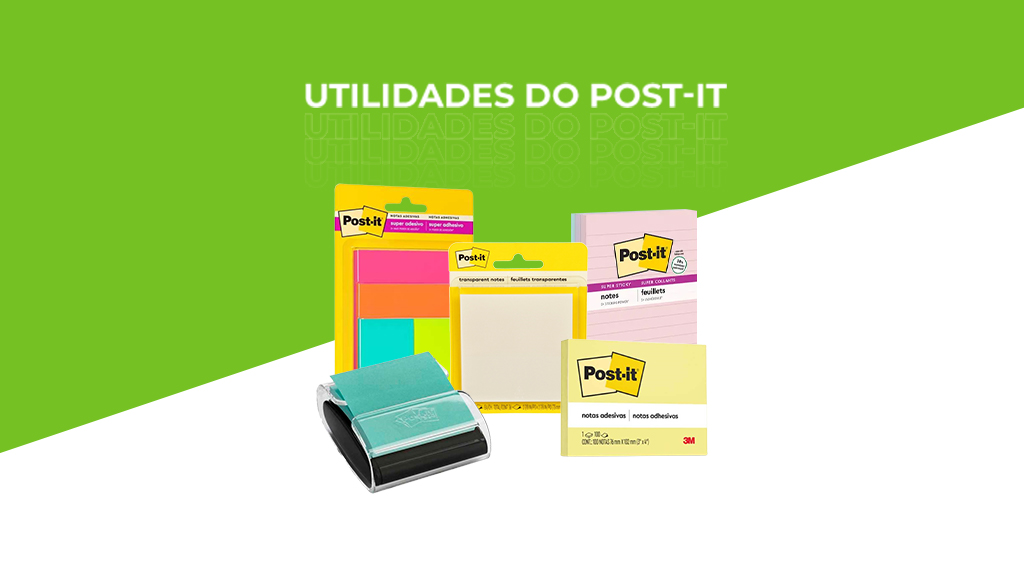 Imagem com fundo verde e branco com cinco produtos Post-it Notes.