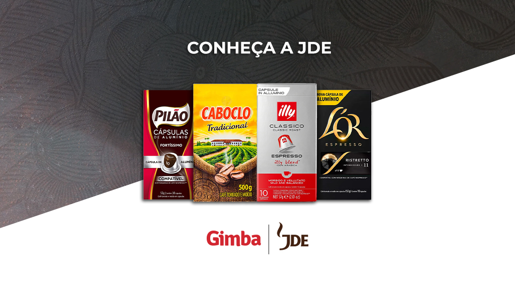 Imagem com fundo preto e branco com quatro produtos de café diferente e as logos da empresa Gimba e JDE