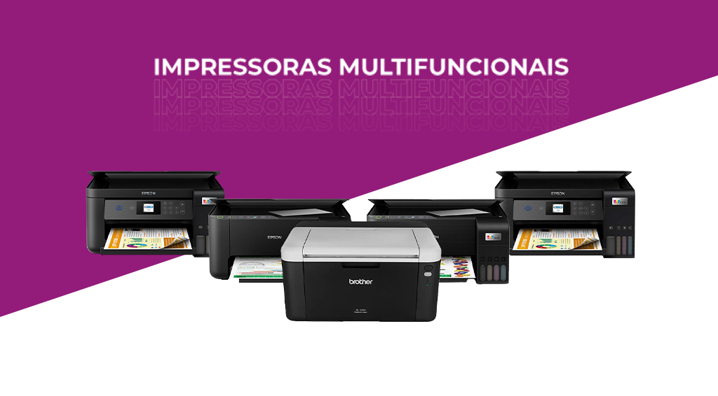 Fundo roxo e branco com cinco tipos de impressoras diferentes na frente com o escrito "impressoras multifuncionais" em cima
