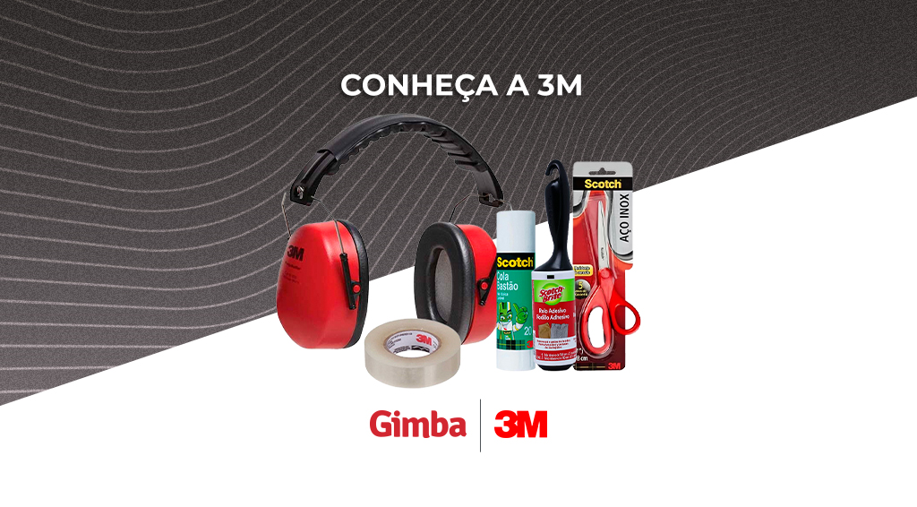Imagem com fundo preto e branco com cinco produtos diferentes da empresa 3M.