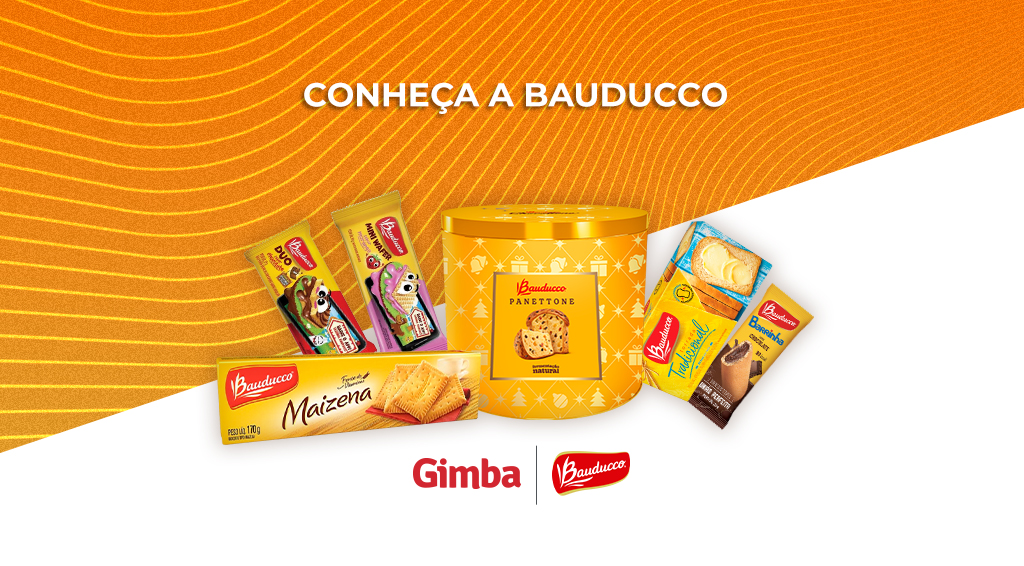 Imagem com fundo amarelo e branco com três produtos da Bauducco em frente com escrito "Conheça a Bauducco"