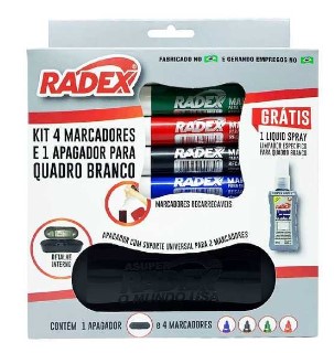 Kit 4 Marcadores e 1 Apagador para Quadro Branco +1 Liquid Spray Radex