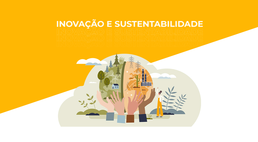 Imagem em amarelo e branco com os dizeres "Inovação e Sustentabilidade" em gestão de suprimentos indiretos