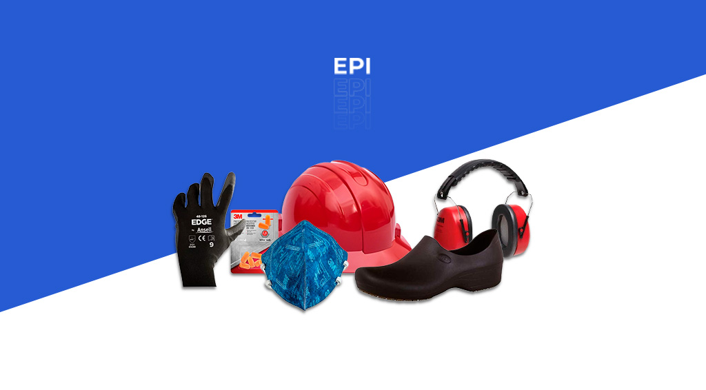 Imagem em azul e branco com o dizer "EPI" ao centro e alguns produtos relacionados