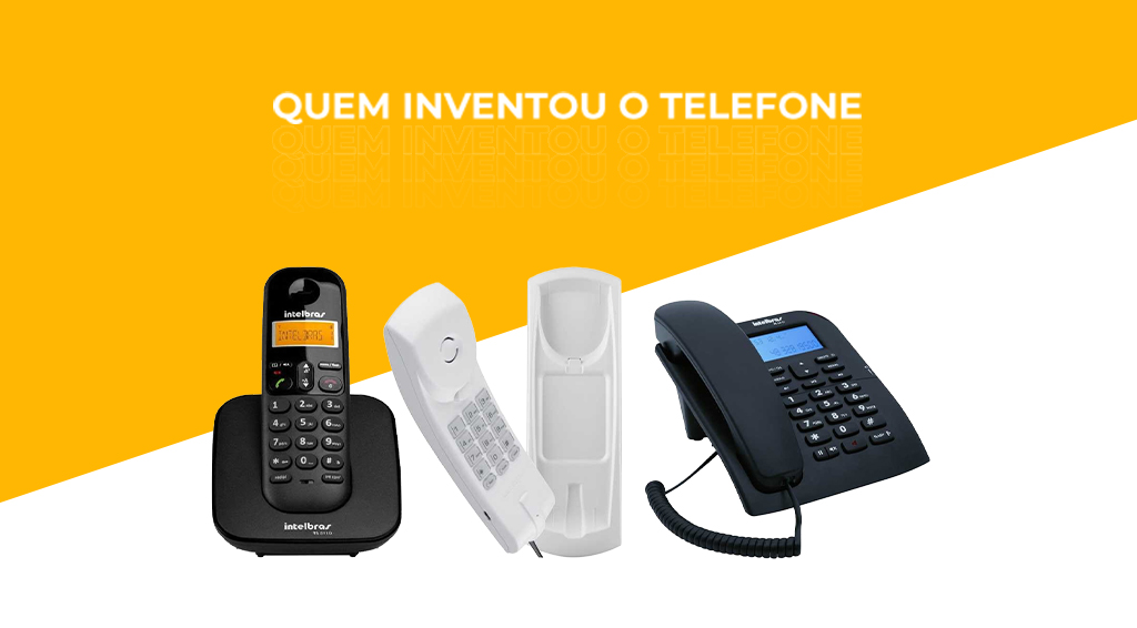 Imagem em amarelo e branco com os dizeres "Quem inventou o telefone?"