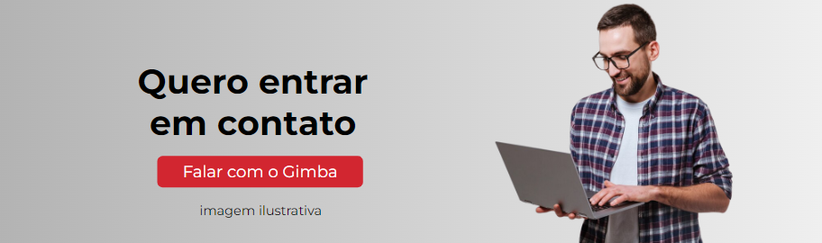 Imagem para entrar em contato com o Gimba com um botão vermelho "Falar com o Gimba" e um rapaz de camisa xadrez usando um notebook