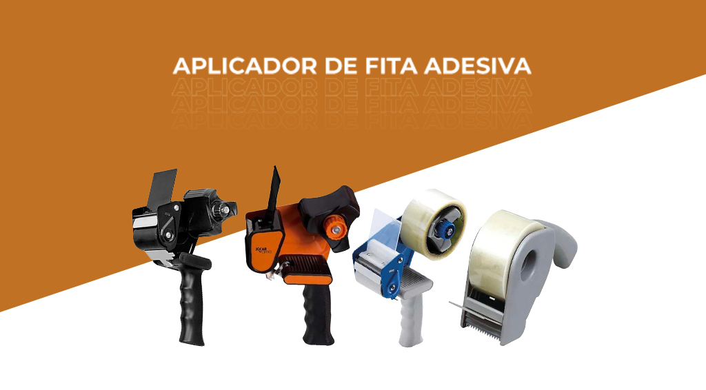 Imagem em marrom e branco com os dizeres "aplicador de fita adesiva" e 4 modelos diferentes em exposição