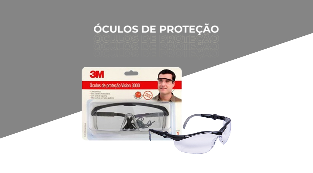 Imagem em cinza e branco com os dizeres "óculos de proteção" e dois modelos diferentes centralizados