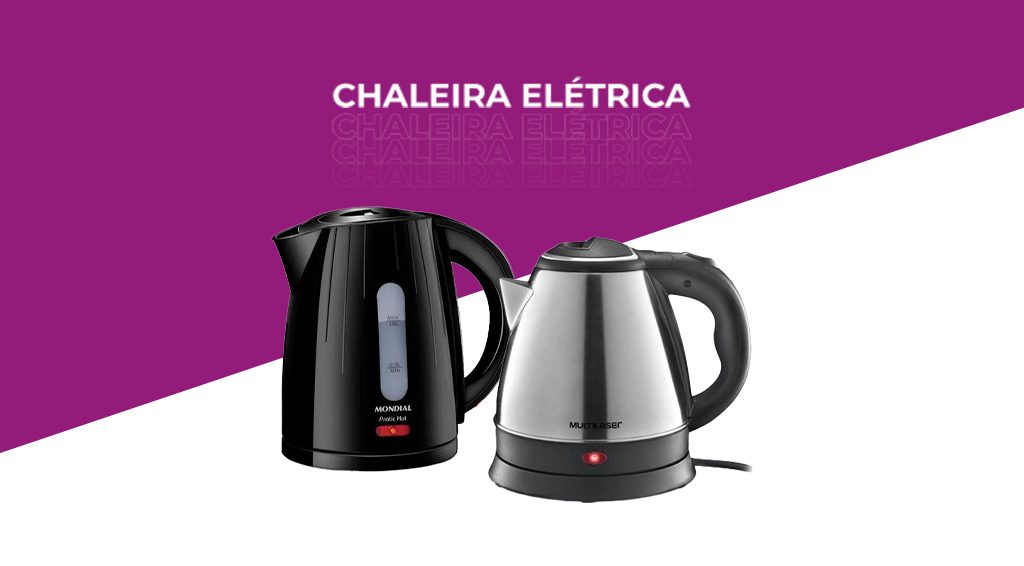 Imagem em roxo e branco com os dizeres "Chaleira Elétrica" ao centro e dois modelos diferentes do produto