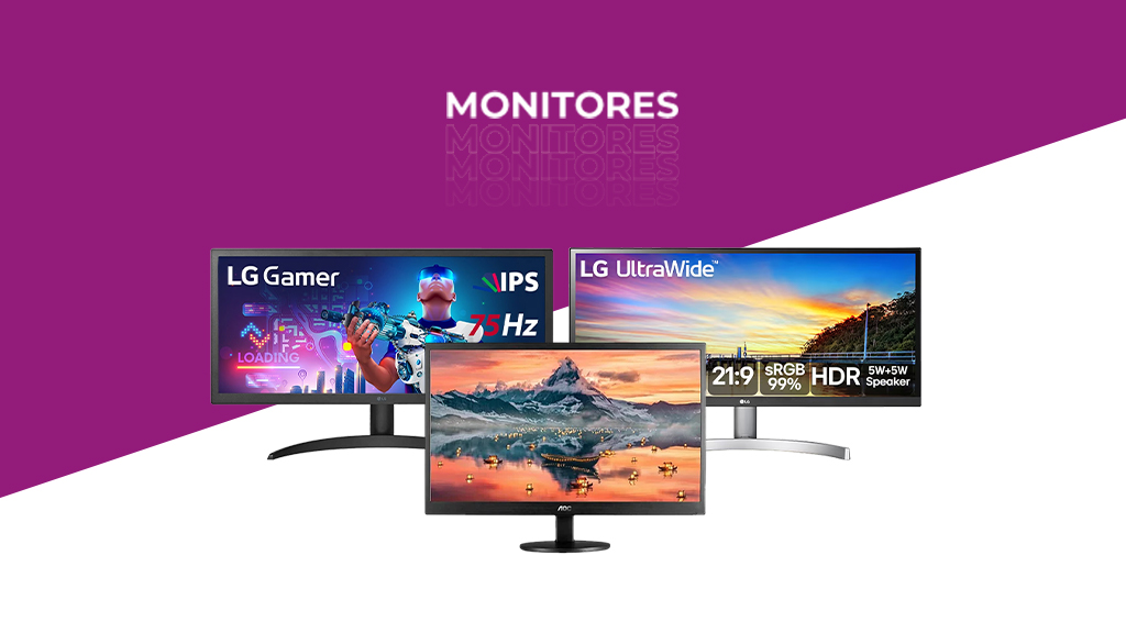 Imagem em roxo e branco com os dizeres "monitores" e 3 modelos diferentes ao centro