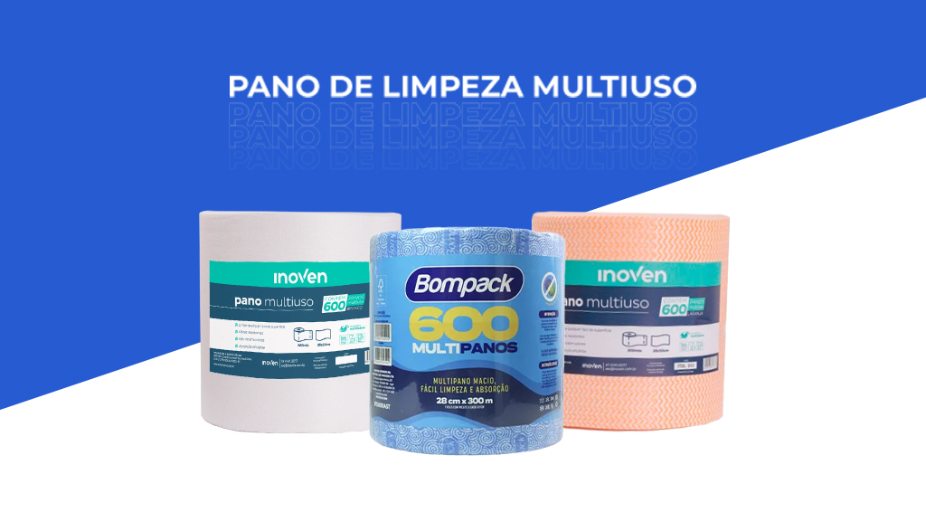 Imagem em azul e branco com os dizeres "pano de limpeza multiuso". A figura contém três produtos ao centro.