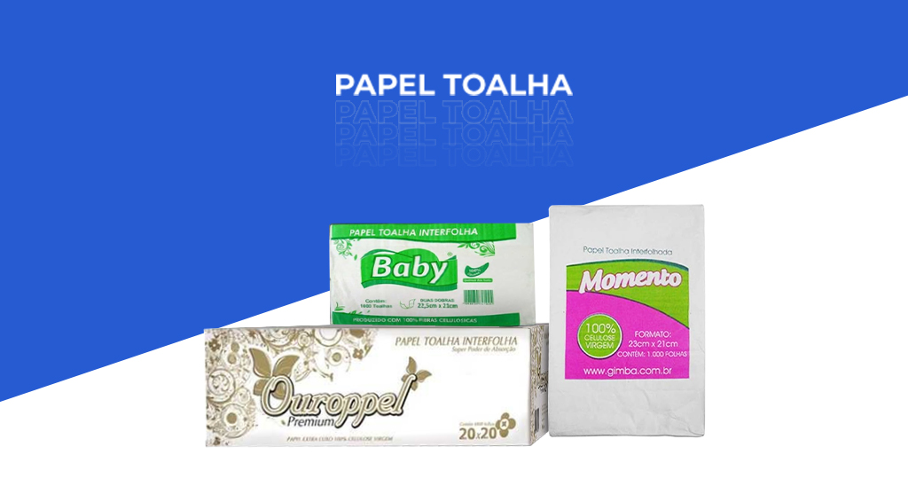 Imagem em azul e branco com os dizeres "Papel Toalha" e três produtos de exemplo ao centro.