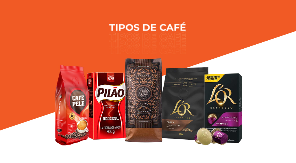 Imagem em laranja e branco com os dizeres "tipos de café" e cinco modelos centralizados.