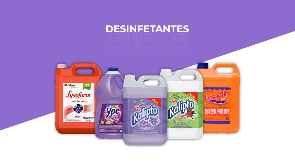 Imagem em roxo e branco com o dizer "Desinfetantes" e cinco embalagens de produtos diferentes ao centro.