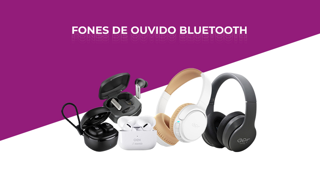 Imagem em roxo e branco com os dizeres "fone de ouvido bluethooth e cinco modelos ao centro