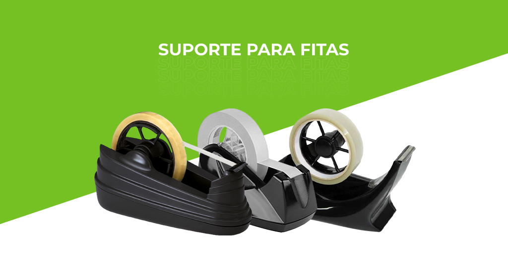 Imagem em verde e branco com os dizeres "suporte para fitas" e três modelos diferentes ao centro