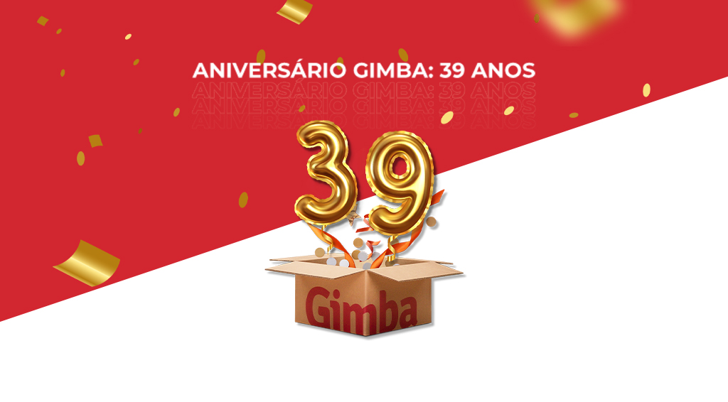 Imagem em vermelho e branco com os dizeres "Aniversário Gimba: 39 anos"