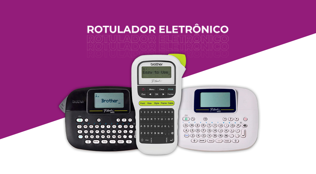 Imagem em roxo e branco com os dizeres "rotulador eletrônico" e três modelos ao centro