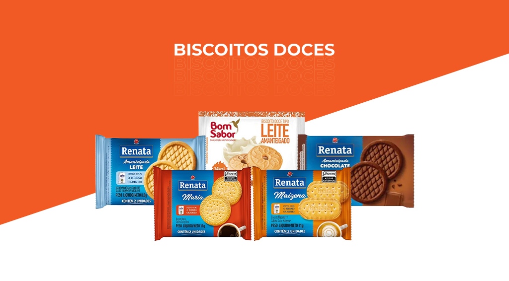 Imagem em laranja e branco com os dizeres "biscoitos doces" e cinco produtos ao centro.