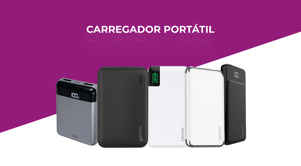 Imagem em roxo e branco com os dizeres "Carregador Portátil" e 5 modelos ao centro