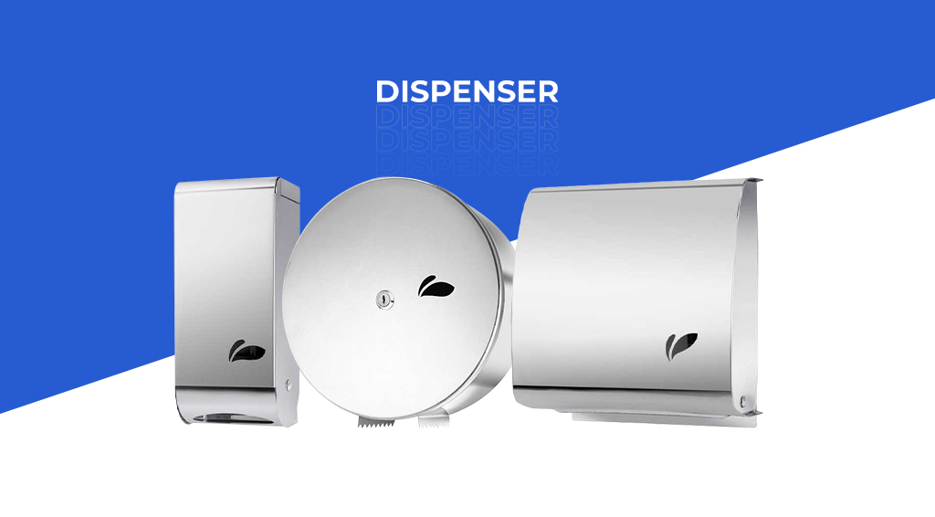 Imagem em azul e branco com os dizeres "Dispenser" ao centro e três modelos do produto