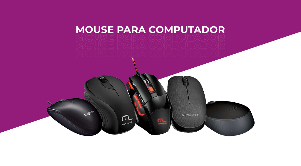 Imagem em roxo e branco com os dizeres "mouse para computador" e 5 modelos ao centro